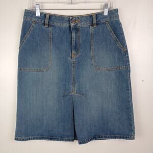 Vintage 2005 Old Navy Blue Denim Skirt Size 8 Front Slit Y2K Classic Pockets